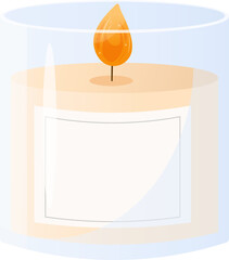 Vector cartoon scented candle in a glass with empty label. cozy home decoration on a white background