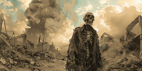Fototapeta premium Grim Reaper of War: A skeletal figure, clad in a tattered uniform, standing amidst the devastation.