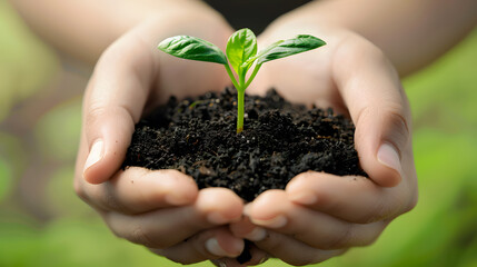 Human palms hold soil with a green small plant as a concept for business development. AI Generated