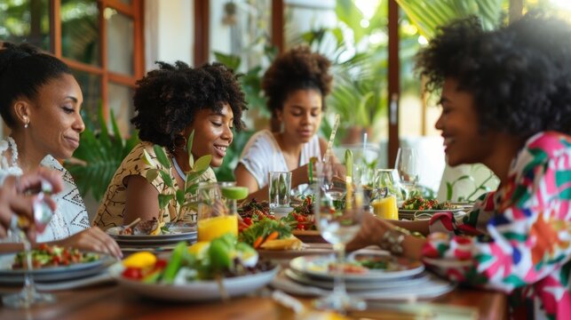 A group of women are sitting around a table eating food