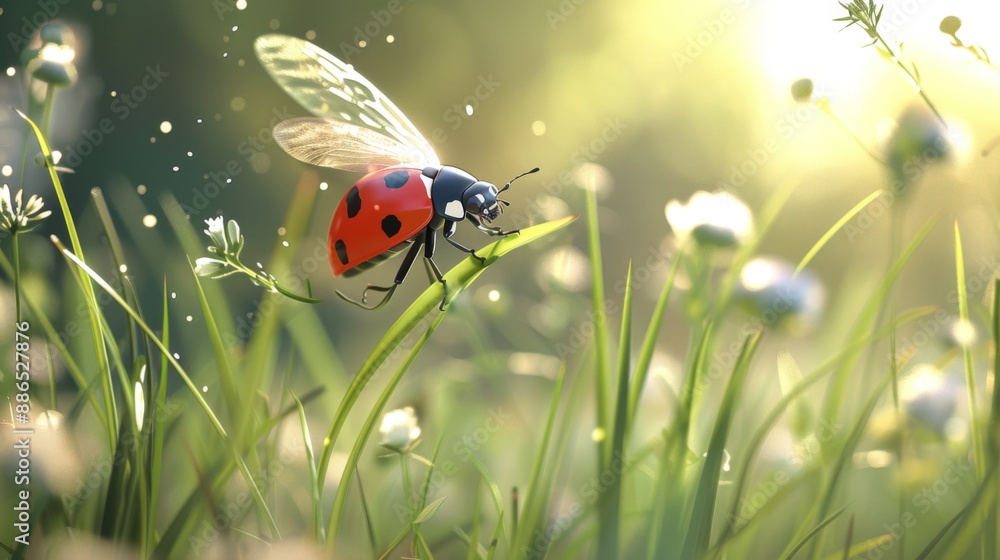 Poster a ladybug with open wings about to take flight from a blade of grass.