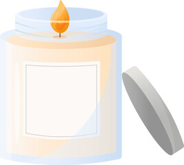 candle in a glass jar with lid and empty label. Cartoon cozy home decoration and aromatherapy