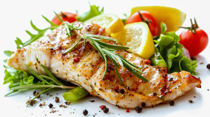 Delicious grilled fish fillet with vegetables and rosemary is lying on a white plate