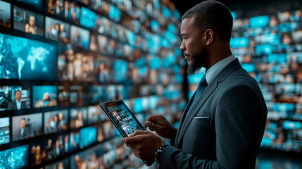 real-time data analysis in action as a merchant utilizes a tablet alongside a holographic screen, showcasing the seamless integration and convenience of leveraging AI technology for business insights.