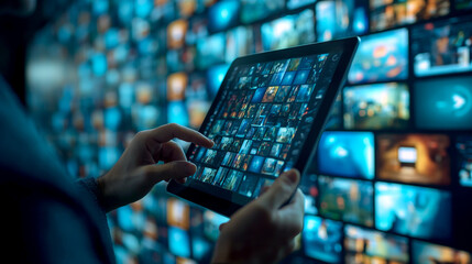 real-time data analysis in action as a merchant utilizes a tablet alongside a holographic screen, showcasing the seamless integration and convenience of leveraging AI technology for business insights.