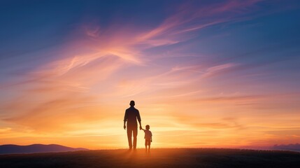 Silhouette of an adult and child holding hands, walking towards a colorful sunset with vibrant sky, symbolizing connection and togetherness.