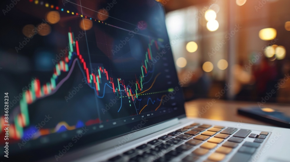 Poster a laptop screen showing a detailed stock market graph with colorful indicators and lines.
