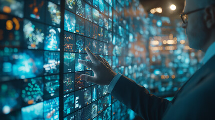 A hand interacting next to a holographic screen.