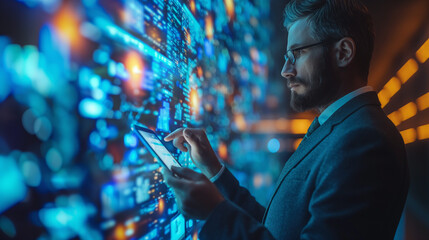 real-time data analysis in action as a merchant utilizes a tablet alongside a holographic screen, showcasing the seamless integration and convenience of leveraging AI technology for business insights.