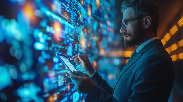 real-time data analysis in action as a merchant utilizes a tablet alongside a holographic screen, showcasing the seamless integration and convenience of leveraging AI technology for business insights.
