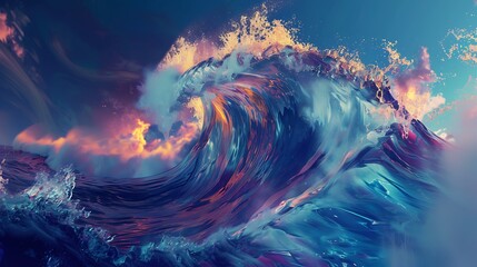 Obraz premium A generative AI depiction of a large stormy sea wave in deep blue, with a colorful, abstract design