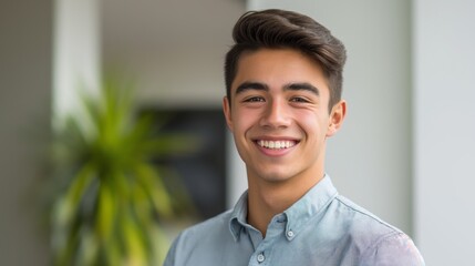 Smiling Young Man in Casual Attire, Indoors with Natural Light Background for Business or Lifestyle Imagery