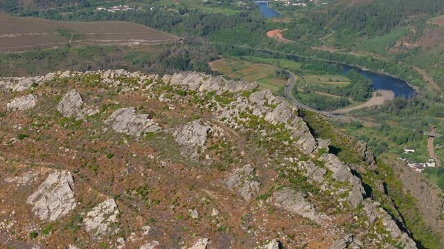 Rocky Mountain Landscape And Surroundings In Nogueira, Ribas de Sil, Spain - Aerial Drone Shot