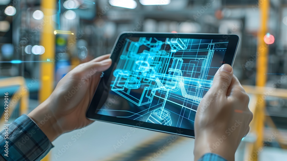 Poster a person is holding a tablet with a blue screen that has a building on it. concept of technology and