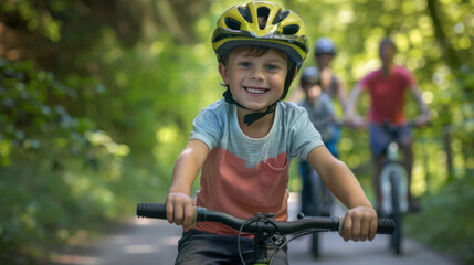 Naklejka premium A joyful boy on a bike rides through a lush forest path with his family, enjoying a day of outdoor fun.