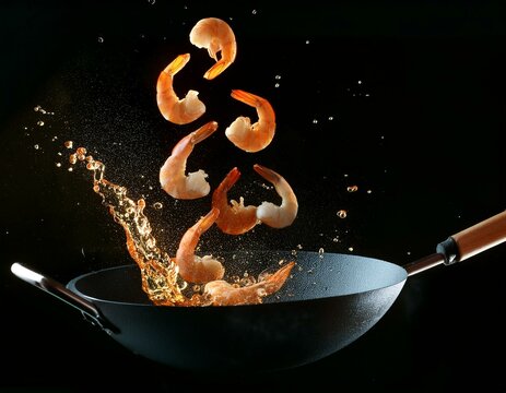 Flying Prawns into Wok Pan