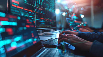 Hands typing rapidly on laptops amongst an immersive array of high-tech screens displaying streams of code and data, suggesting intense programming.