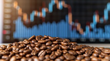 Close-up of coffee beans with blurred stock market graph in background, representing market trends and coffee trading concept.
