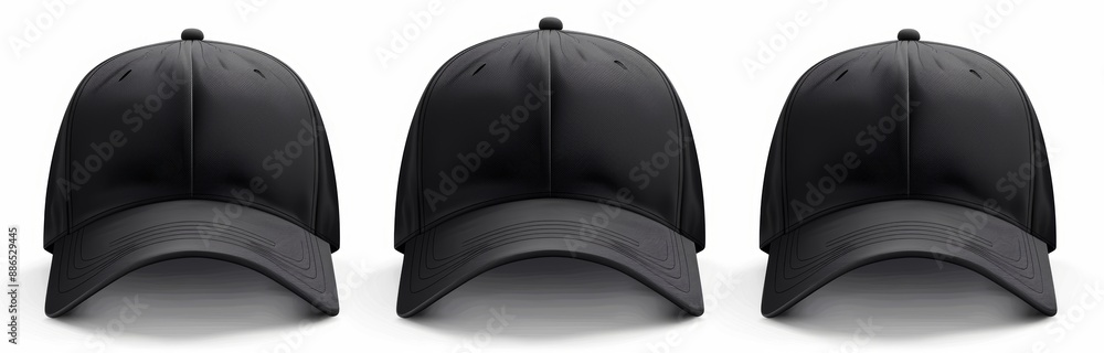 Wall mural this mockup template shows a front and side view of a black baseball cap on transparent background.