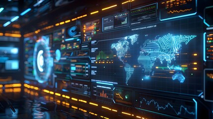 Fototapeta premium A computer screen shows a map of the world with many lines and numbers. Concept of complexity and information overload, as the viewer is bombarded with data and statistics
