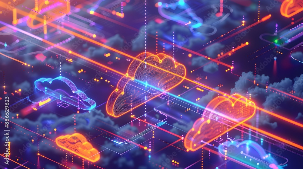 Poster a colorful image of cars and clouds with a futuristic feel. the cars are in different shapes and siz