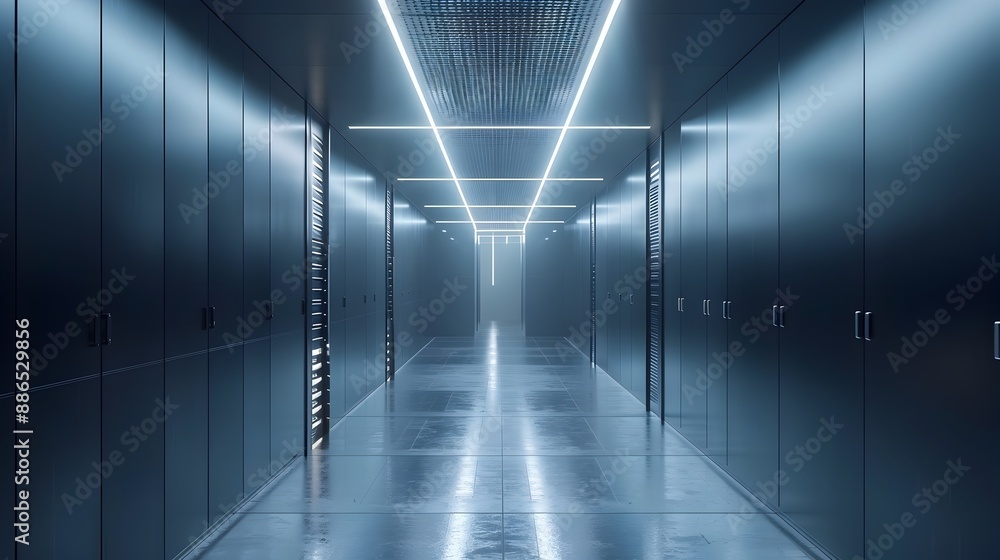 Poster futuristic data center with rows of advanced cooling systems and servers showcasing digital backbone