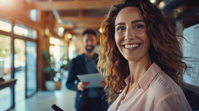 A beaming woman with curly hair holds a smartphone in a modern office, with a man using a tablet in the background, conveying a dynamic and collaborative workspace.