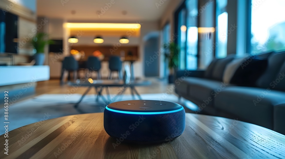 Poster futuristic smart home with interconnected devices and seamless voice activated controls