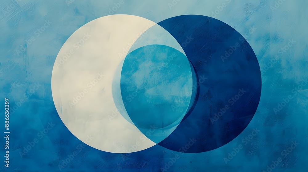 Poster a blue circle is surrounded by other blue circles. the circles are all different sizes and are arran