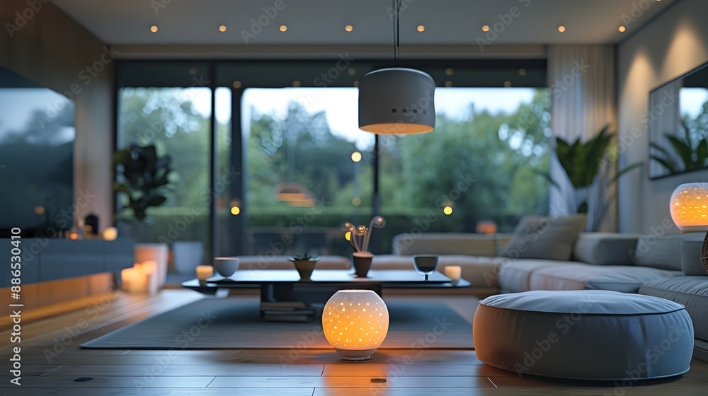 Poster futuristic smart home with interconnected devices and voice activated controls