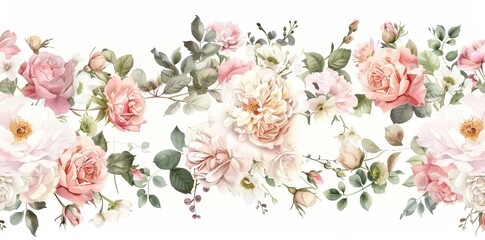 A seamless border of pastel flowers and dark foliage frames this panorama watercolor illustration.