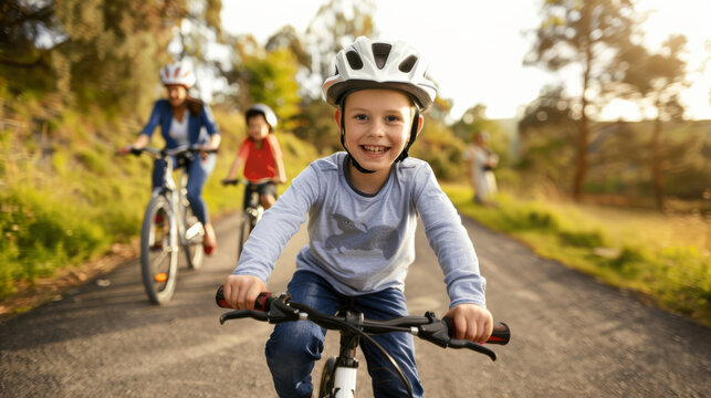 A cheerful child rides a bicycle down a sunlit path, leading a group of cyclers through a verdant, nature-filled landscape.