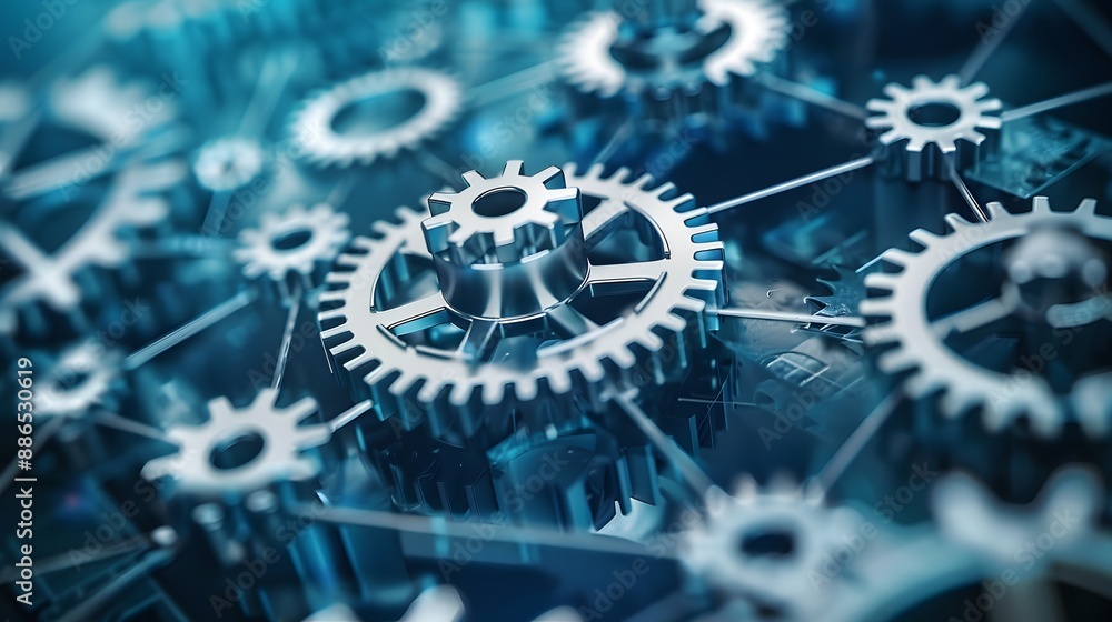 Poster a collection of gears are shown in a close up. the gears are all different sizes and are arranged in