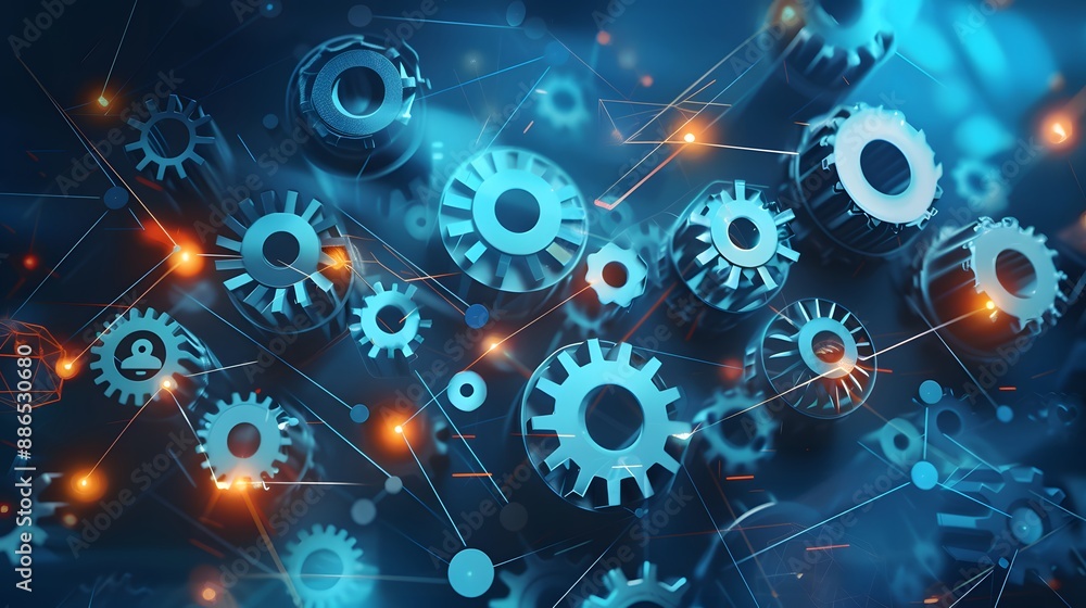 Poster a collection of gears are shown in a close up. the gears are all different sizes and are arranged in