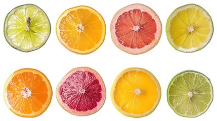 Fototapeta premium Variety of citrus fruit cut in half (green lime, lemon, orange, grpaefruit, pomelo) isolated on white background. Clipping path.