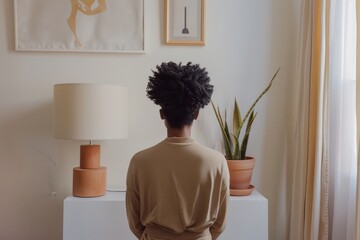 With mockup frame, young woman sits in stylish, modern room