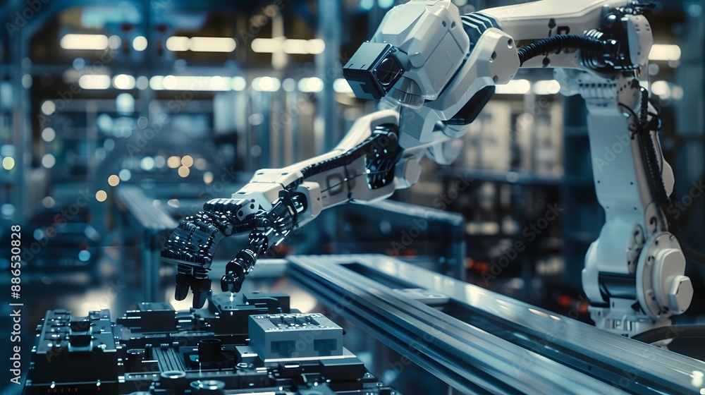 Poster a robot is working on a piece of machinery. the robot is white and has a robotic arm