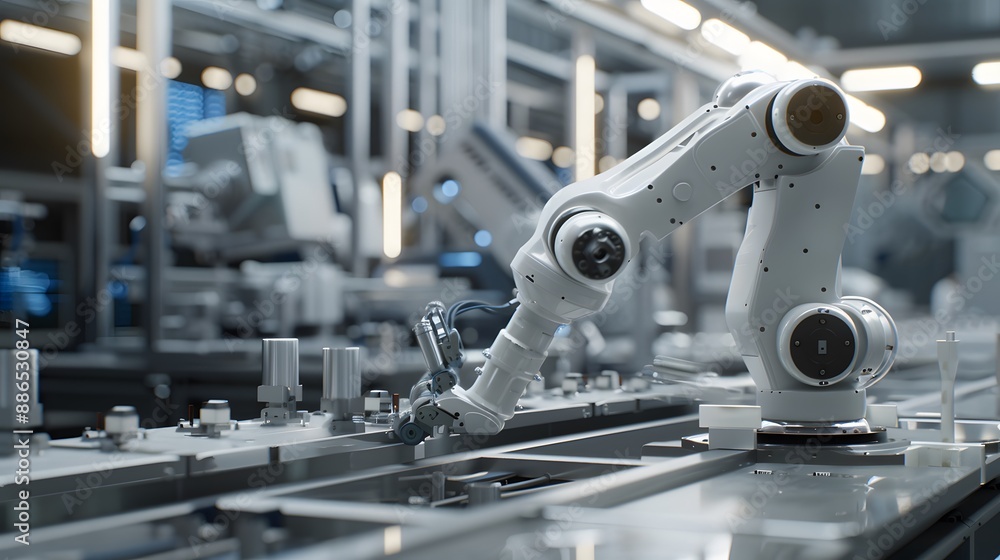 Poster a robot is working on a piece of machinery. the robot is white and has a robotic arm