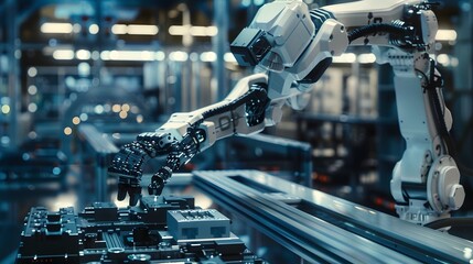 Fototapeta premium A robot is working on a piece of machinery. The robot is white and has a robotic arm