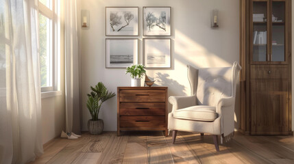 Fototapeta premium A cozy reading nook featuring a cushioned armchair, wooden nightstand with plants, and framed black-and-white nature photos lit by warm sunlight.