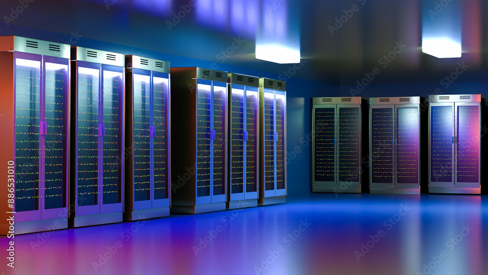 Poster server room. server data center. backup, mining, hosting, mainframe, farm and computer rack with sto