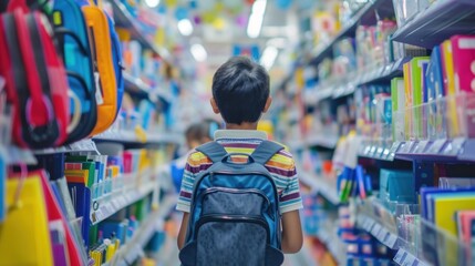 Obraz premium Boy browsing and buying school supplies in a store, preparing for school with minimalist background