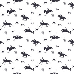Seamless pattern with silhouettes of horseback riders, dogs, and obstacles on a white background
