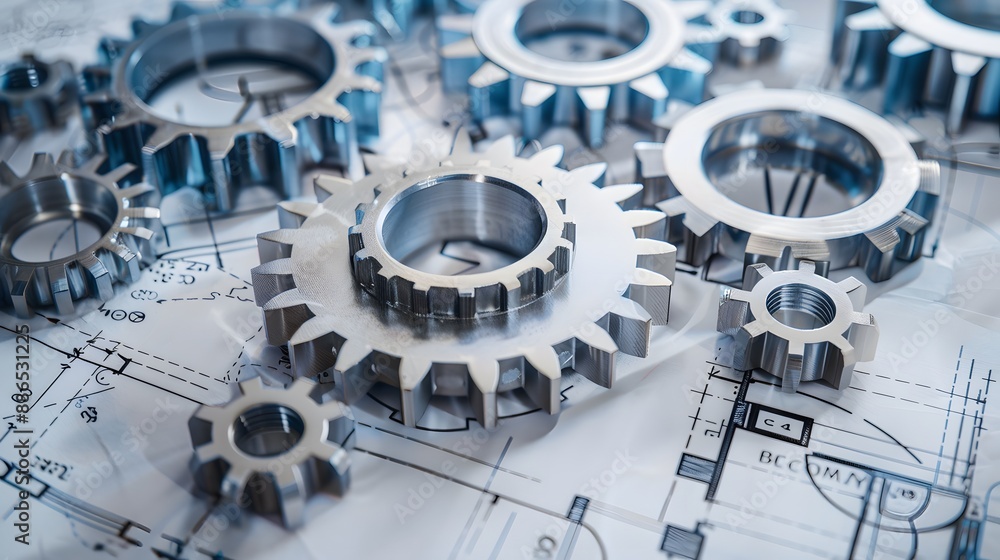 Poster a collection of gears are shown in a close up. the gears are all different sizes and are arranged in