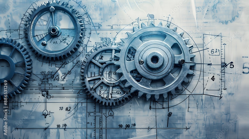 Poster a collection of gears are shown in a close up. the gears are all different sizes and are arranged in