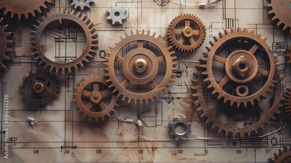 Poster a collection of gears are shown in a close up. the gears are all different sizes and are arranged in