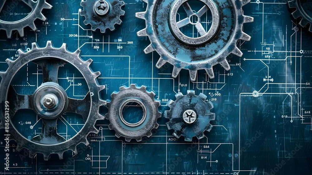 Poster a collection of gears are shown in a close up. the gears are all different sizes and are arranged in