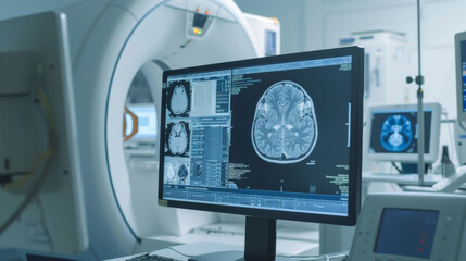 Detailed brain scans are shown on a high-resolution computer in an advanced medical imaging room with a modern CT scanner in the background.