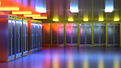 Server room. Server data center. Backup, mining, hosting, mainframe, farm and computer rack with storage information. 3d rendering