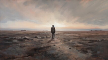 Depiction of Nietzsche's nihilism, pencil sketch of a lonely man standing in middle of a barren land in deep thoughts and vast nothingness